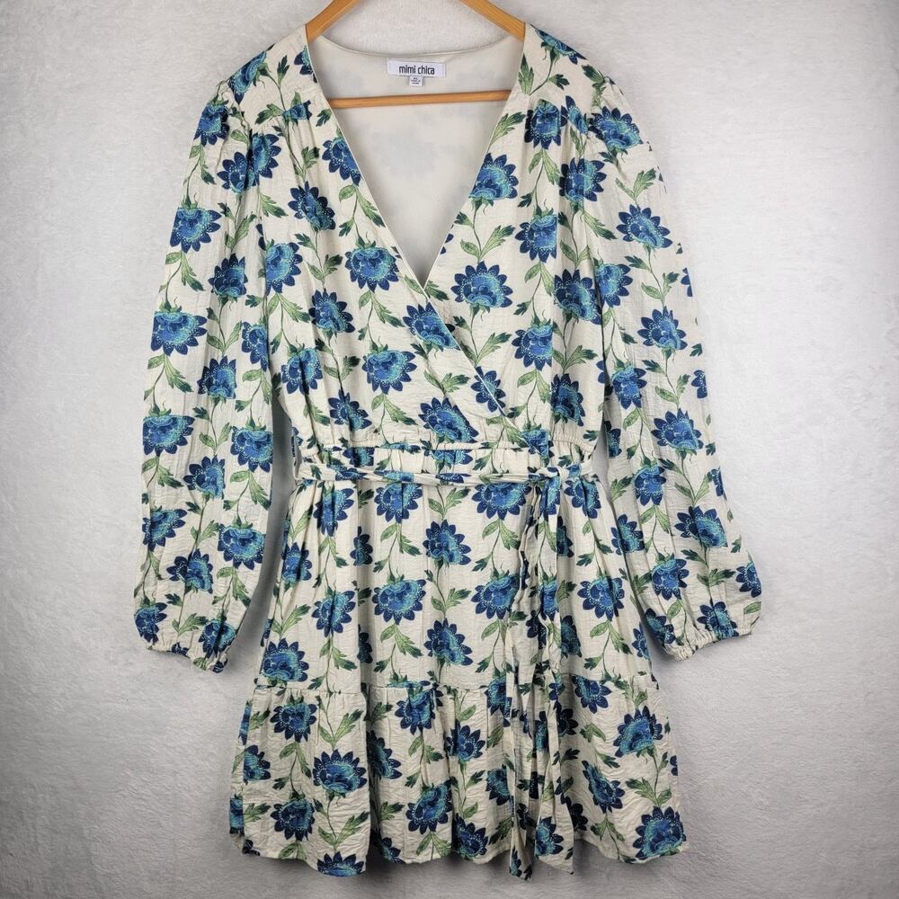 Cottagecore Women XL Mini Dress Long Sleeves V Neck Tie Cream Blue Floral Casual